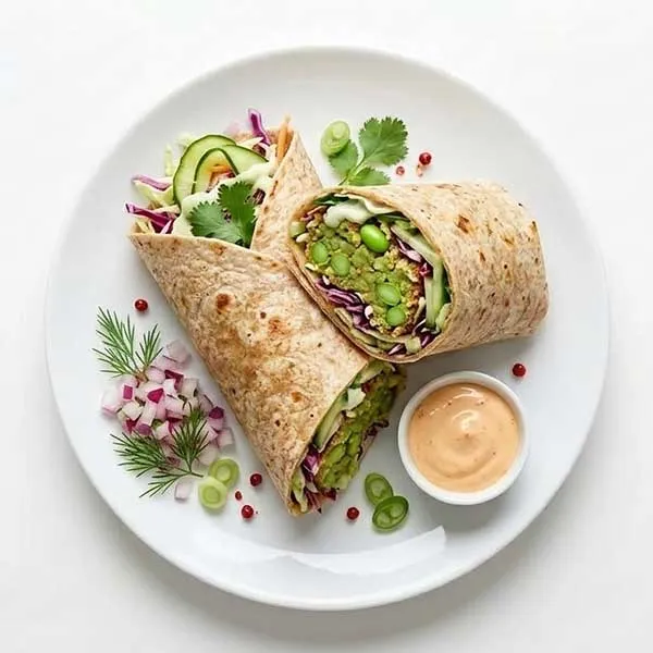 Edamame croquette wrap with house salad